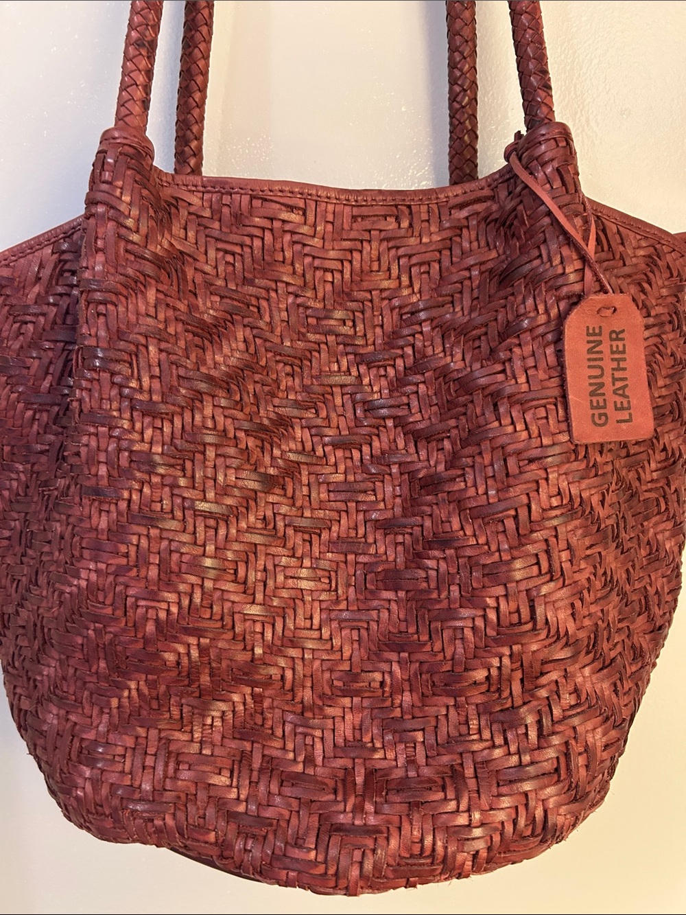 Genuine Leather Woven Tote Bag - Red Brown/Burgundy - Picture 2 of 5
